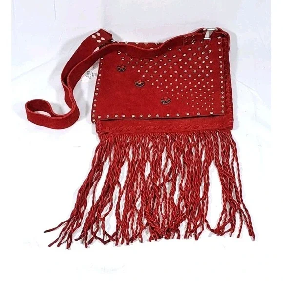 Red Suede Fringe Crossbody Bag Studded Western Boho Star Concho Messenger Purse - Picture 1 of 9